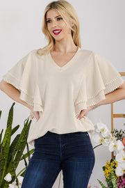 V-Neck Lace Trim Flutter Sleeve Top - The Michelle Style Boutique