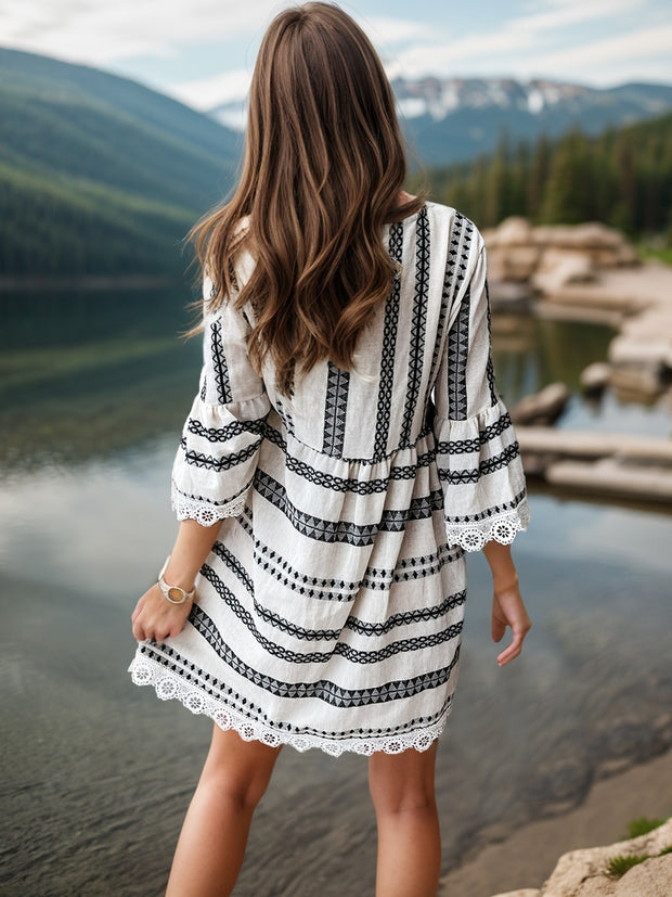 Lace Detail Printed Three-Quarter Sleeve Dress - The Michelle Style Boutique