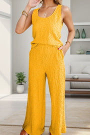 Textured Round Neck Top and Wide Leg Pants Set - The Michelle Style Boutique