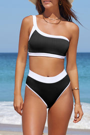 Contrast Trim Ribbed One-Shoulder Bikini Set - The Michelle Style Boutique