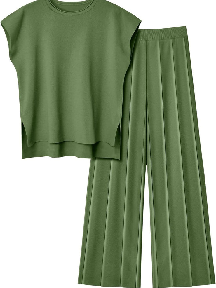 Round Neck Cap Sleeve Top and Pants Knit Set - The Michelle Style Boutique