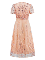 Sequin Leaf Embroidery Tie Front Short Sleeve Dress - The Michelle Style Boutique