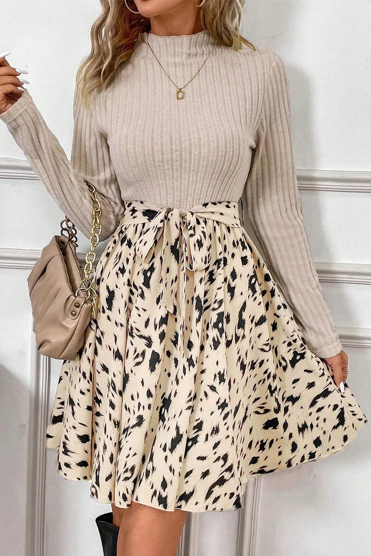 Tied Printed Mock Neck Long Sleeve Dress - The Michelle Style Boutique