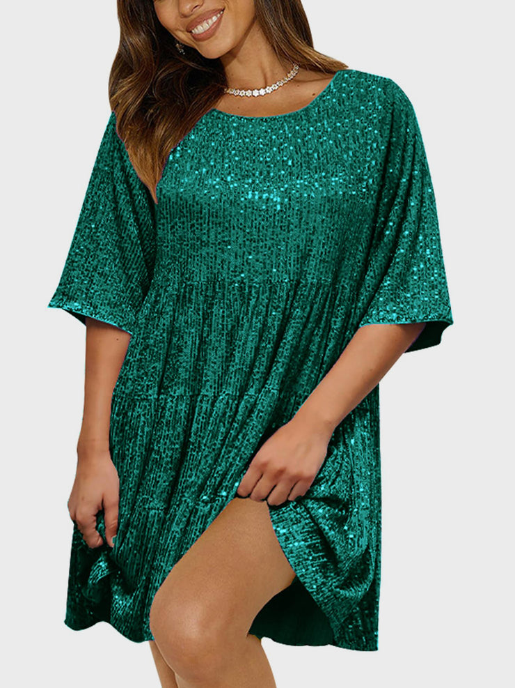 Full Size Sequin Round Neck Half Sleeve Mini Dress - The Michelle Style Boutique