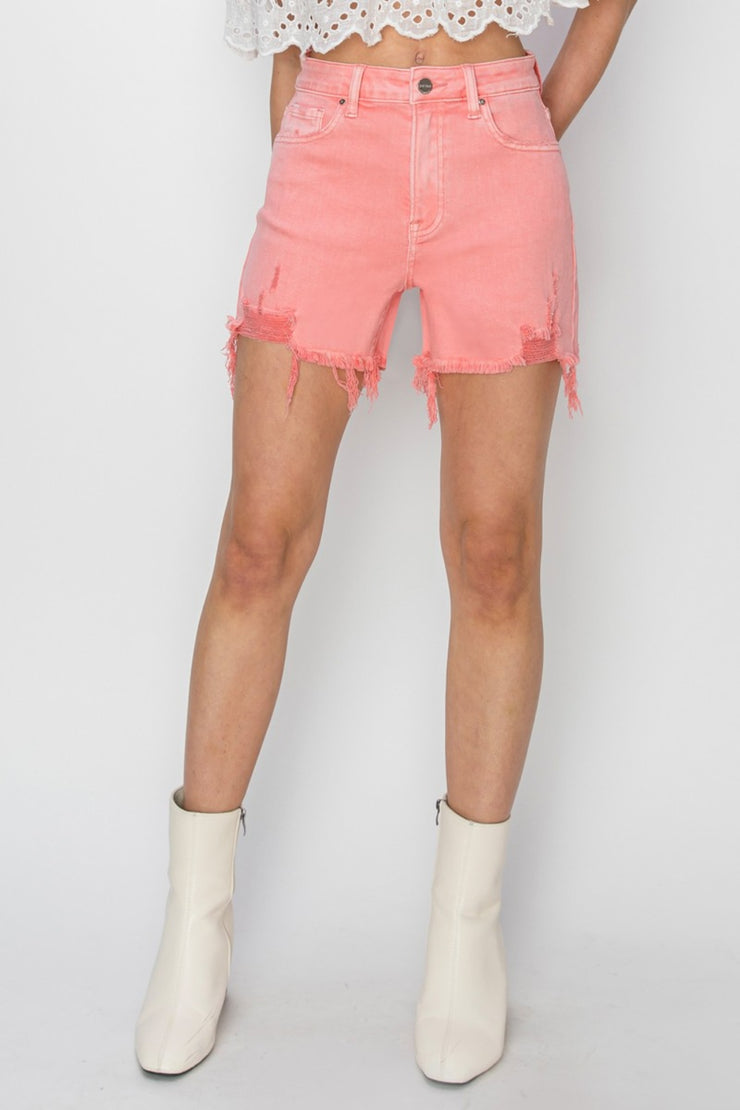 RISEN High Rise Distressed Denim Shorts - The Michelle Style Boutique