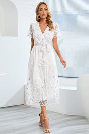 Sequin Leaf Embroidery Tie Front Short Sleeve Dress - The Michelle Style Boutique