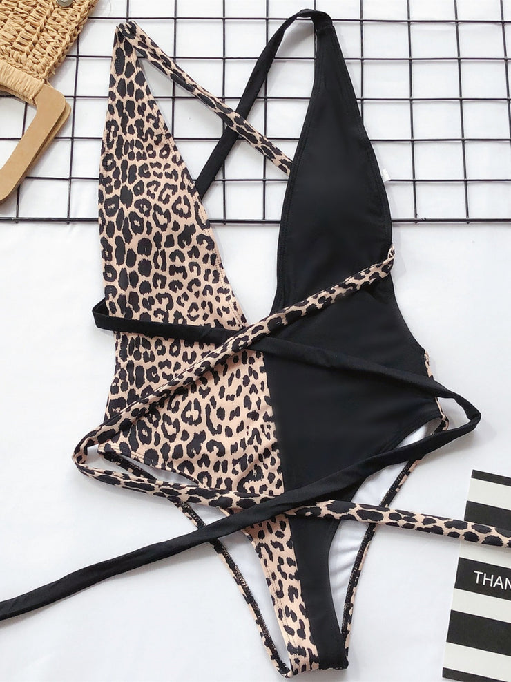 Tied Leopard Plunge One-Piece Swimwear - The Michelle Style Boutique