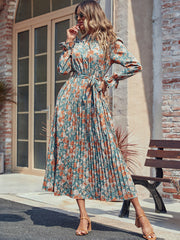 Perfee Tied Pleated Printed Mock Neck Long Sleeve Dress