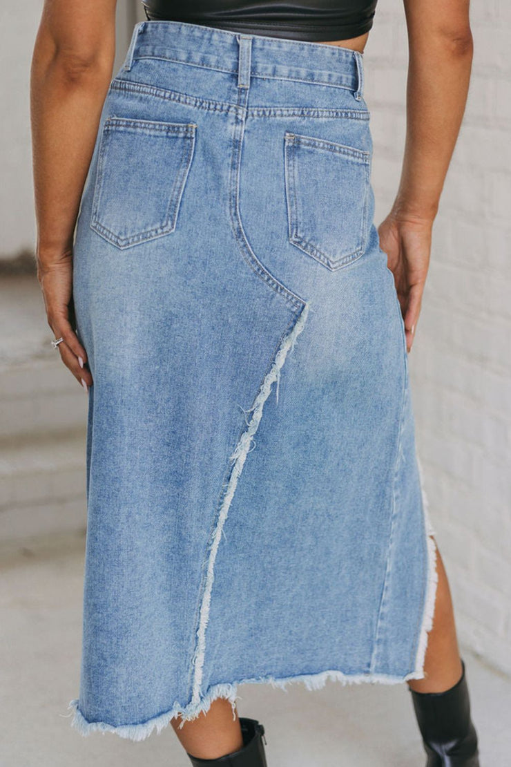 Raw Hem Slit Denim Skirt with Pockets - The Michelle Style Boutique