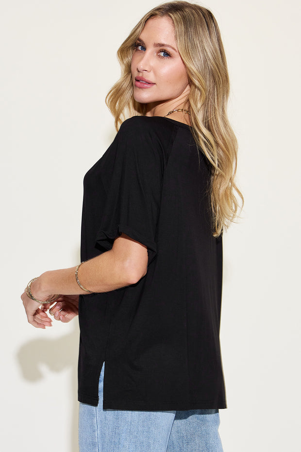 Basic Bae Full Size Bamboo Slit V-Neck Short Sleeve T-Shirt - The Michelle Style Boutique