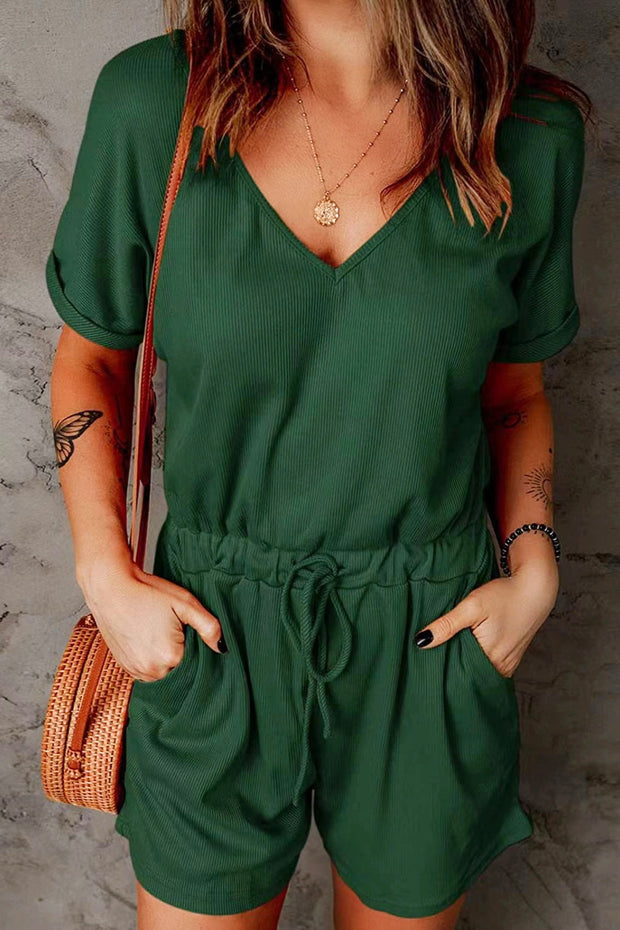 Full Size Drawstring V-Neck Short Sleeve Romper - The Michelle Style Boutique