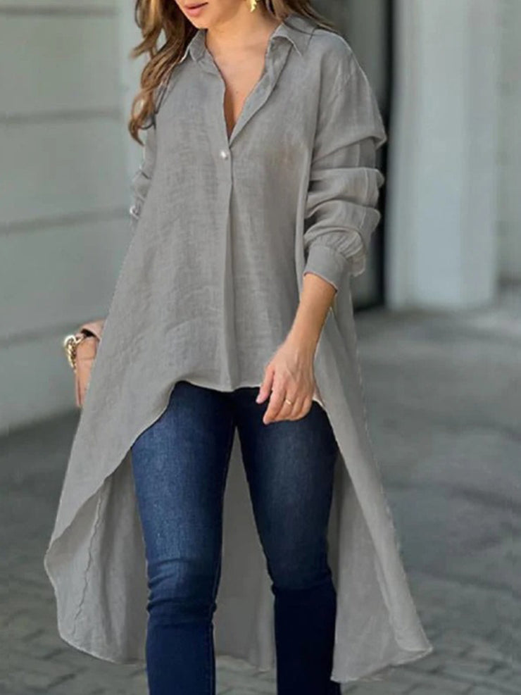 Full Size High-Low Collared Neck Long Sleeve Shirt - The Michelle Style Boutique