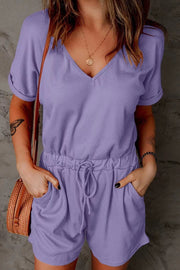 Full Size Drawstring V-Neck Short Sleeve Romper - The Michelle Style Boutique