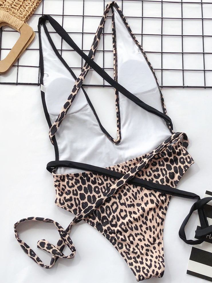 Tied Leopard Plunge One-Piece Swimwear - The Michelle Style Boutique