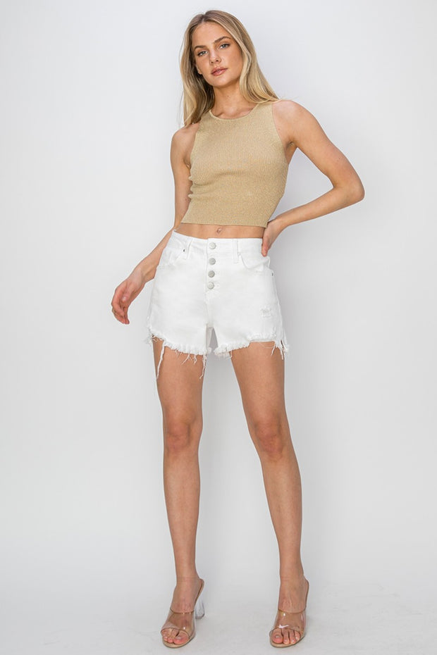 RISEN Button Fly Frayed Hem Denim Shorts - The Michelle Style Boutique