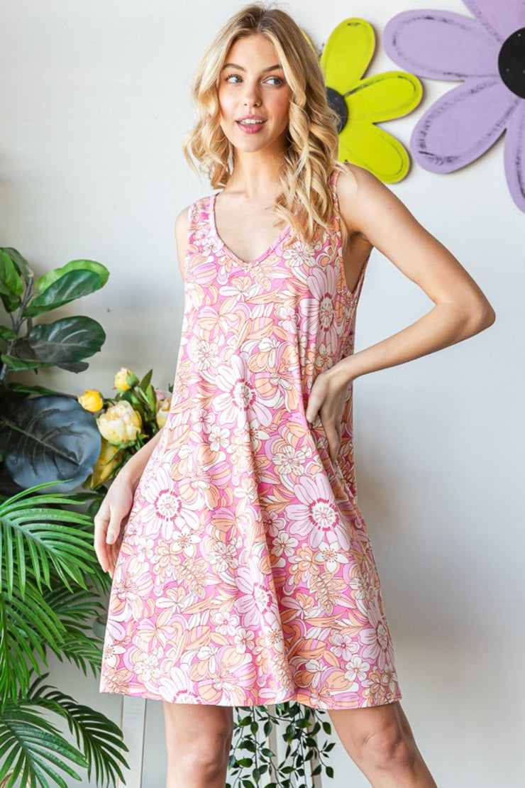 Heimish Full Size Floral V-Neck Tank Dress with Pockets - The Michelle Style Boutique