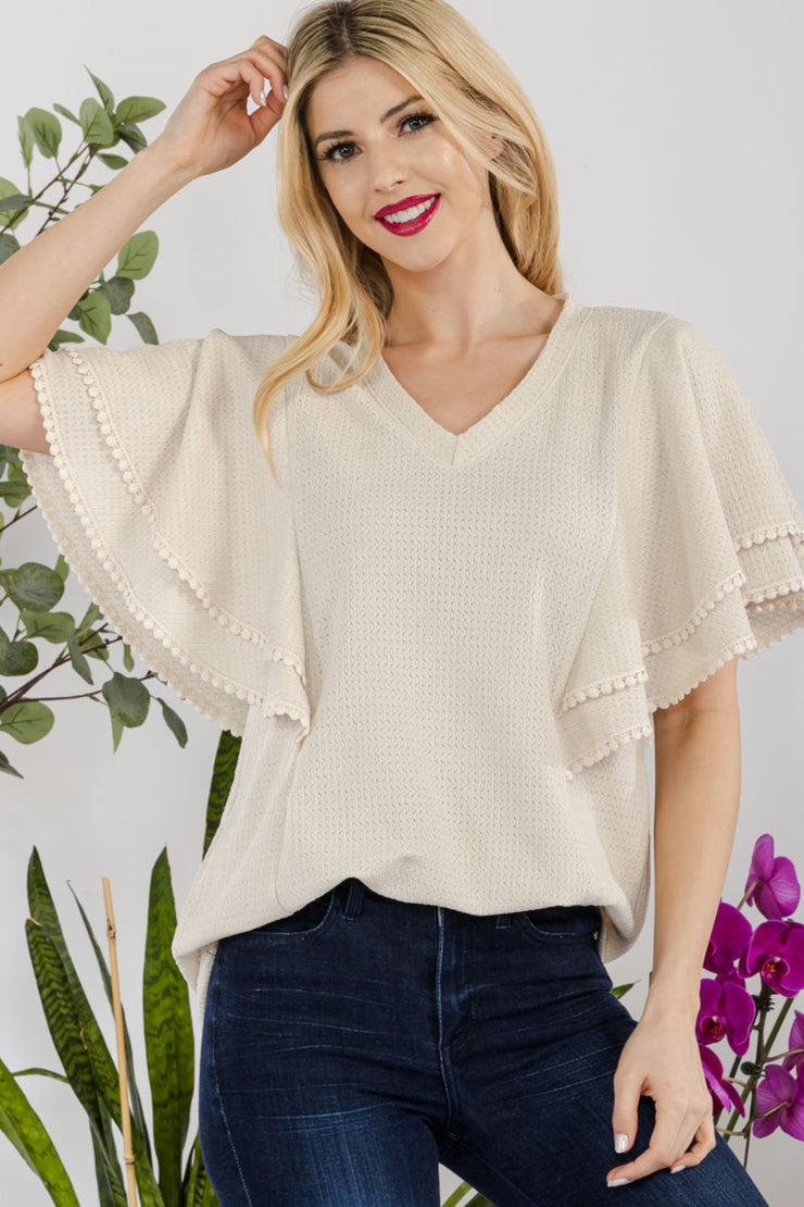 V-Neck Lace Trim Flutter Sleeve Top - The Michelle Style Boutique