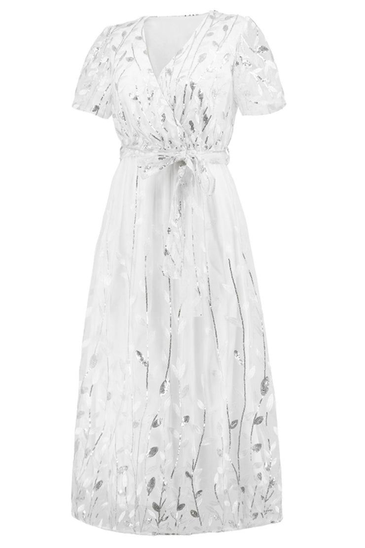 Sequin Leaf Embroidery Tie Front Short Sleeve Dress - The Michelle Style Boutique