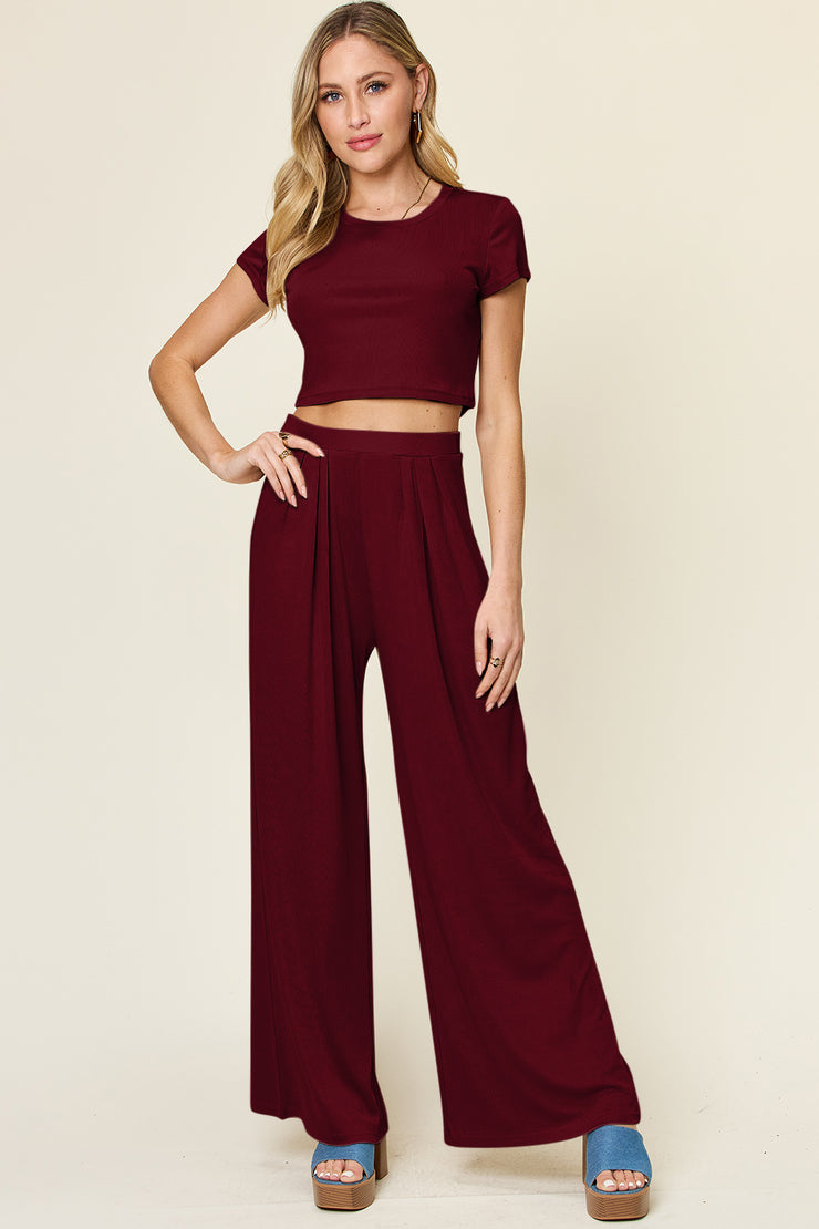 Double Take Full Size Round Neck Top and Pants Set - The Michelle Style Boutique