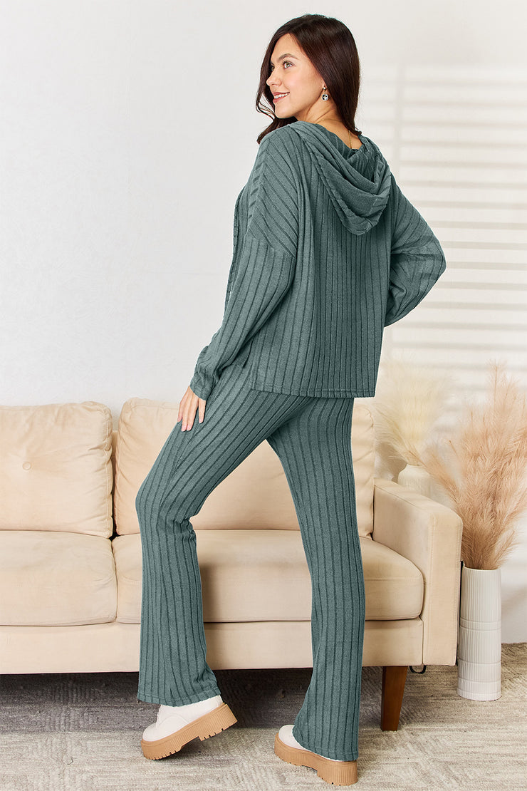 Basic Bae Full Size Ribbed Drawstring Hooded Top and Straight Pants Set - The Michelle Style Boutique