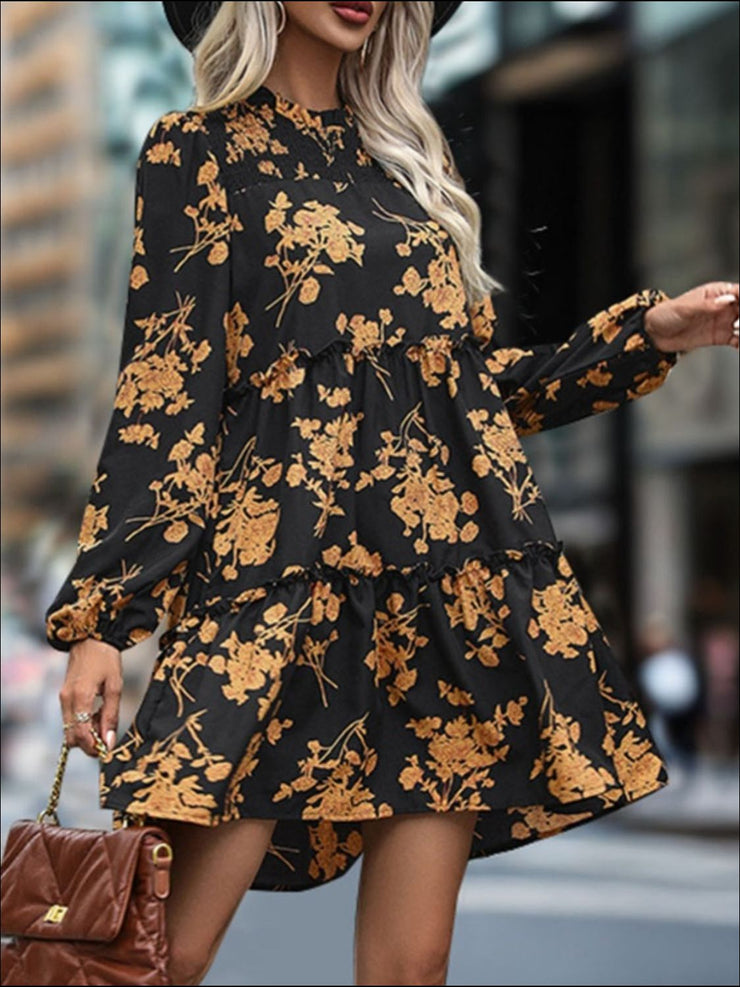 Frill Printed Long Sleeve Mini Dress - The Michelle Style Boutique