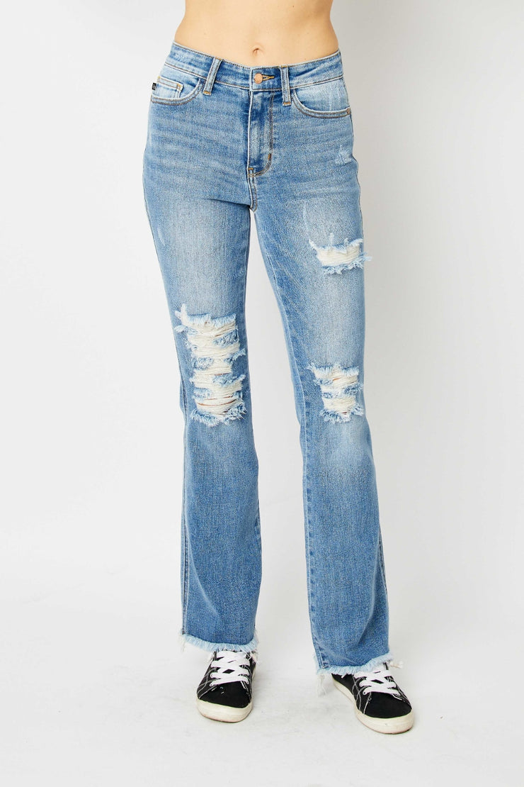 Judy Blue Full Size Distressed Raw Hem Bootcut Jeans - The Michelle Style Boutique