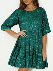 Full Size Sequin Round Neck Half Sleeve Mini Dress - The Michelle Style Boutique