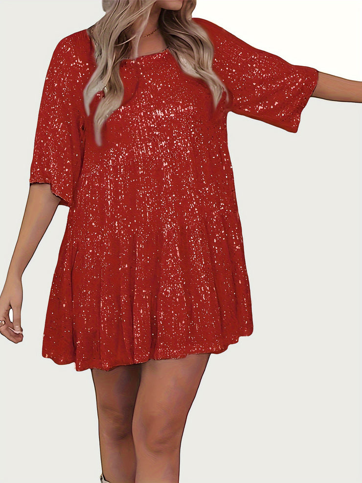 Full Size Sequin Round Neck Half Sleeve Mini Dress - The Michelle Style Boutique