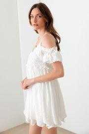 Dreamy White Embroidered Floral Shirred Cold Shoulder Mini Dress - The Michelle Style Boutique