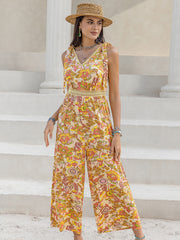 Printed V-Neck Tie Shoulder Jumpsuit - The Michelle Style Boutique