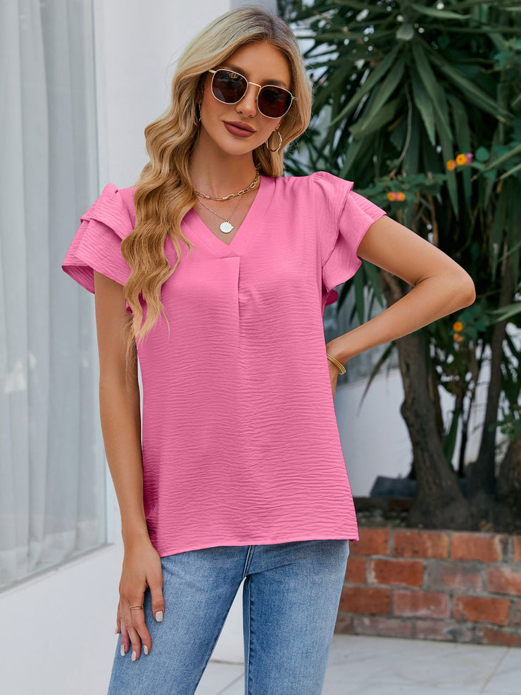 V-Neck Flounce Sleeve Blouse - The Michelle Style Boutique