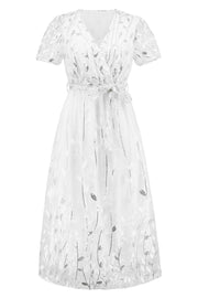 Sequin Leaf Embroidery Tie Front Short Sleeve Dress - The Michelle Style Boutique