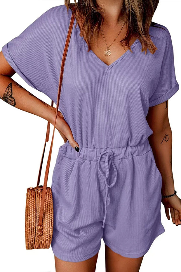 Full Size Drawstring V-Neck Short Sleeve Romper - The Michelle Style Boutique