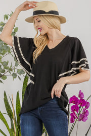 V-Neck Lace Trim Flutter Sleeve Top - The Michelle Style Boutique