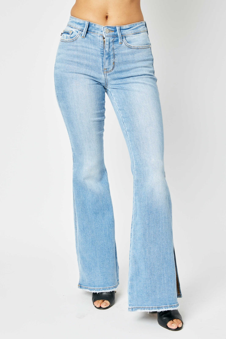 Judy Blue Full Size Mid Rise Raw Hem Slit Flare Jeans - The Michelle Style Boutique