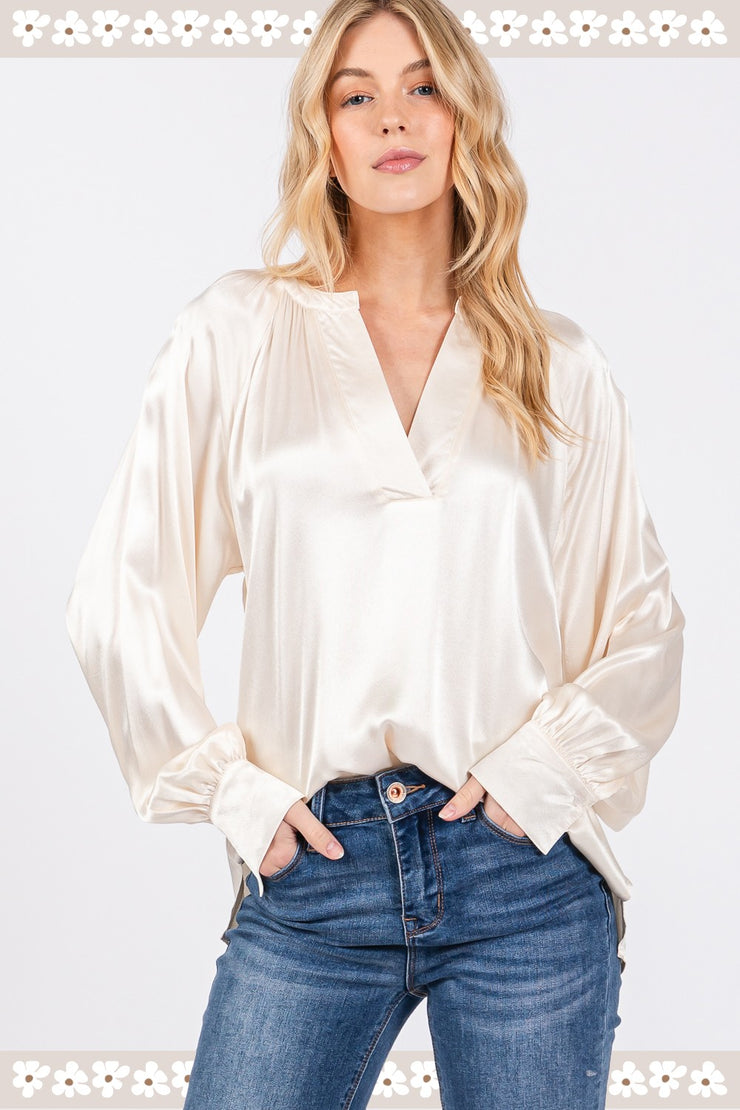 Lustrous Notched Ivory Long Sleeve Blouse - The Michelle Style Boutique