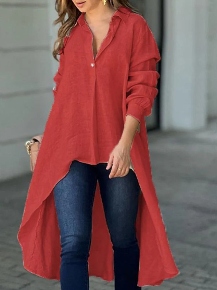 Full Size High-Low Collared Neck Long Sleeve Shirt - The Michelle Style Boutique