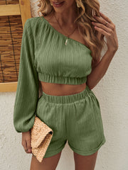 One Shoulder Long Sleeve Top and Shorts Set - The Michelle Style Boutique