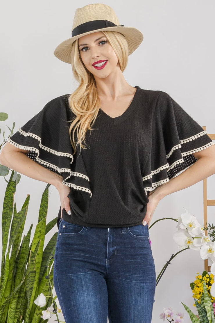 V-Neck Lace Trim Flutter Sleeve Top - The Michelle Style Boutique