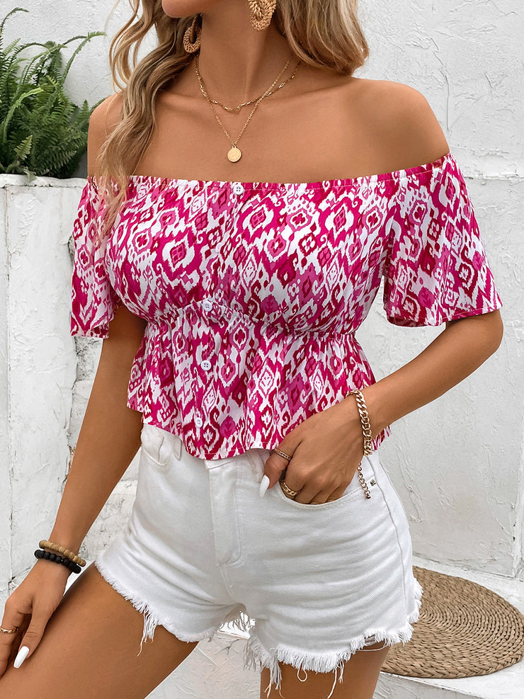 Peplum Printed Off-Shoulder Short Sleeve Blouse - The Michelle Style Boutique