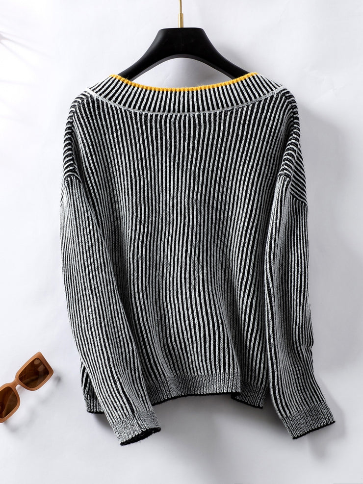 Striped V-Neck Long Sleeve Sweater - The Michelle Style Boutique