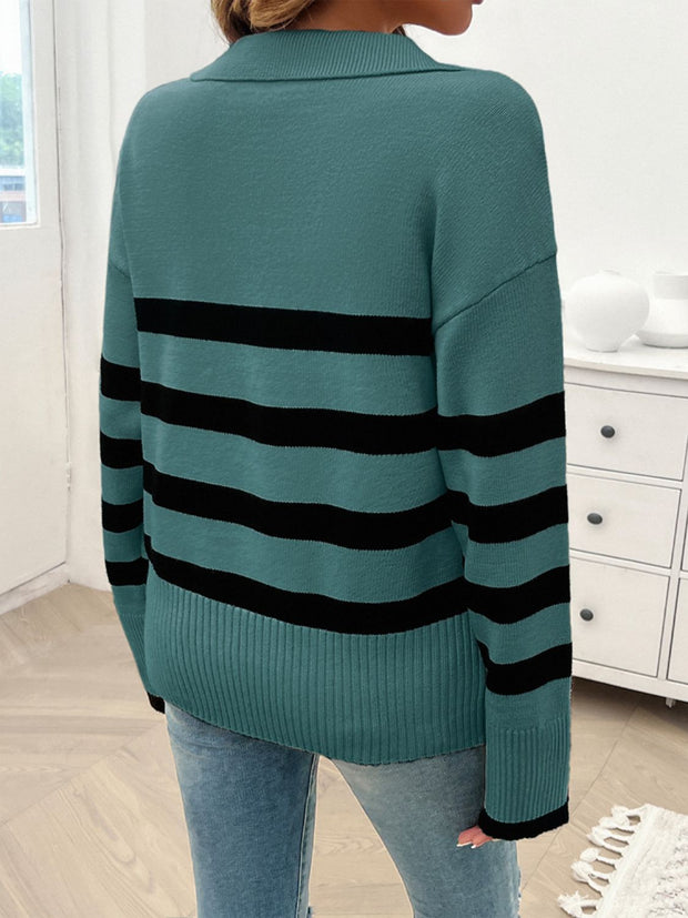 Striped Collared Neck Long Sleeve Sweater - The Michelle Style Boutique