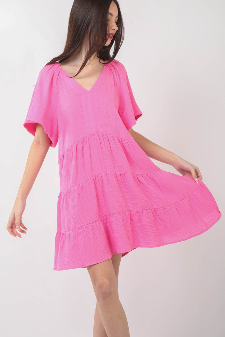 VERY J Texture V-Neck Ruffled Tiered Dress - The Michelle Style Boutique