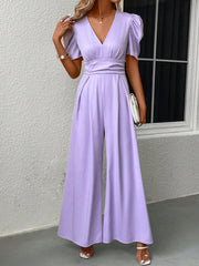 V-Neck Short Sleeve Wide Leg Jumpsuit - The Michelle Style Boutique