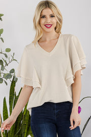 V-Neck Lace Trim Flutter Sleeve Top - The Michelle Style Boutique