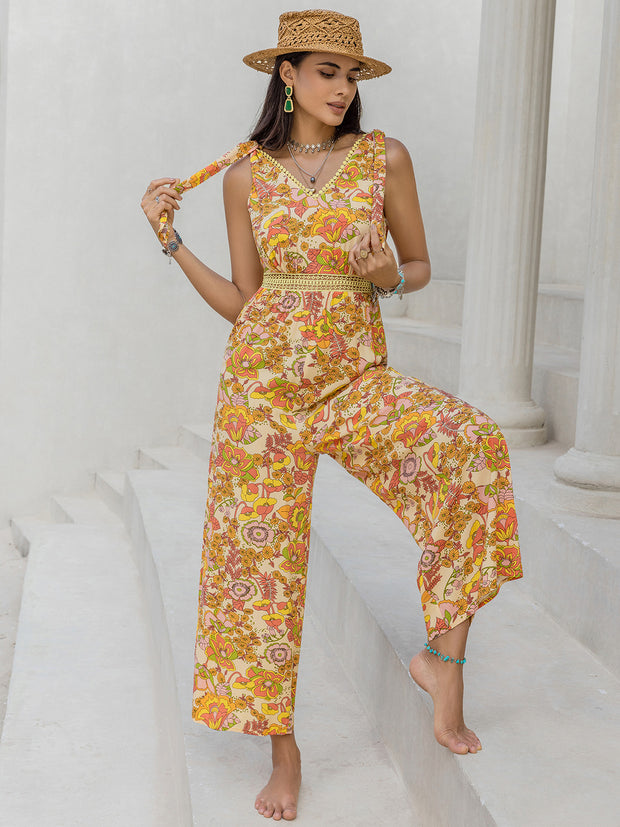 Printed V-Neck Tie Shoulder Jumpsuit - The Michelle Style Boutique