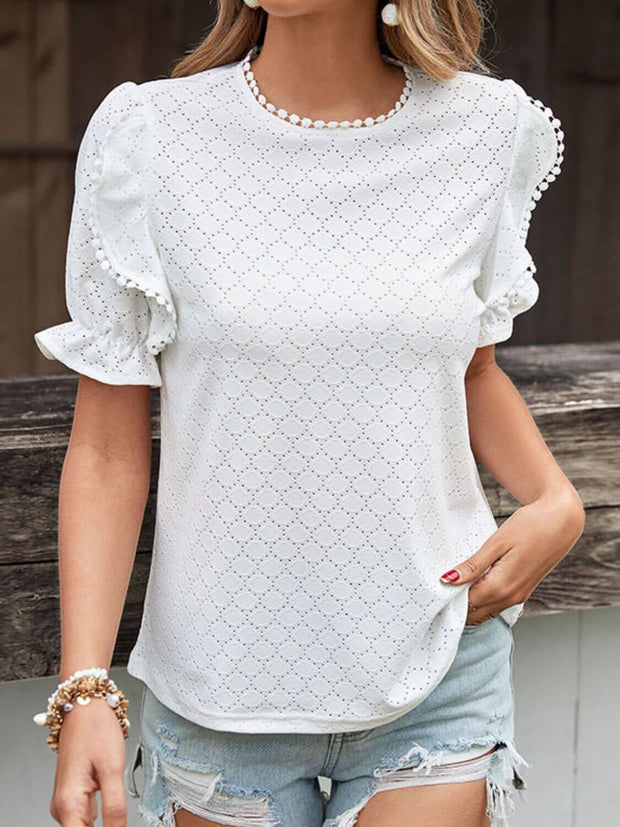 Perfee Pom Pom Detail Openwork Flounce Sleeve Blouse - The Michelle Style Boutique