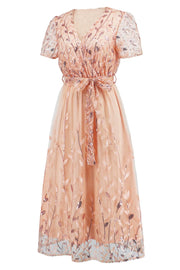 Sequin Leaf Embroidery Tie Front Short Sleeve Dress - The Michelle Style Boutique