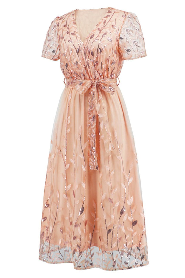 Sequin Leaf Embroidery Tie Front Short Sleeve Dress - The Michelle Style Boutique