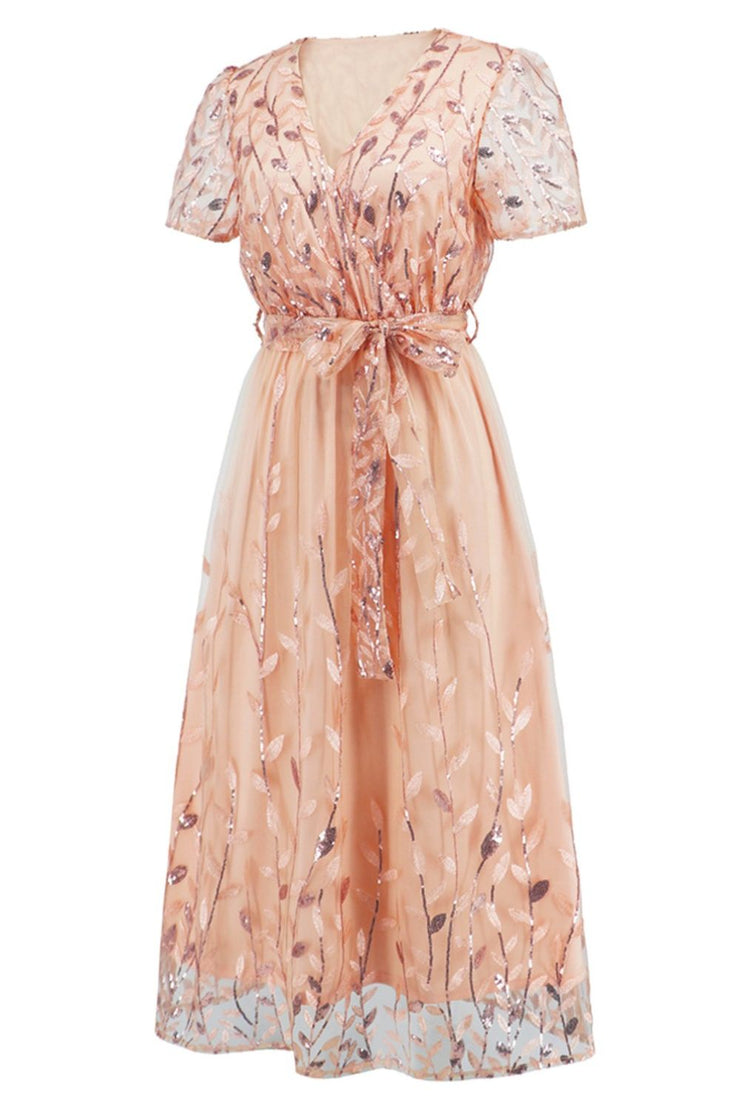 Sequin Leaf Embroidery Tie Front Short Sleeve Dress - The Michelle Style Boutique